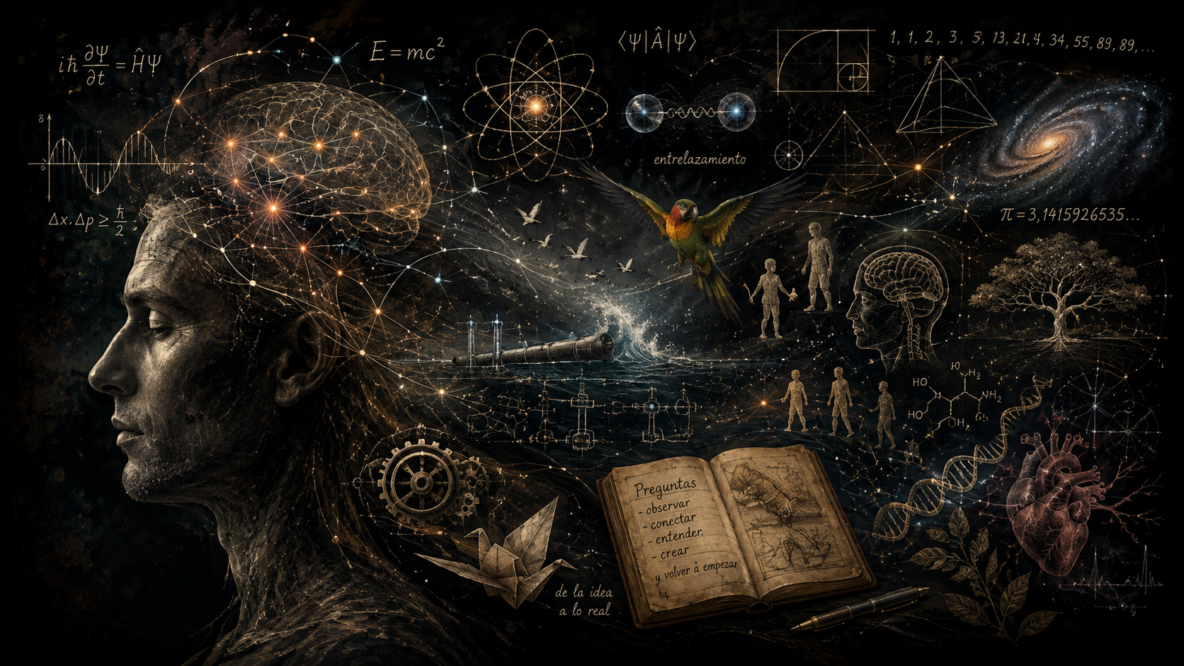 Ilustración conceptual sobre preguntas, ciencia, naturaleza, mecanismos e ideas