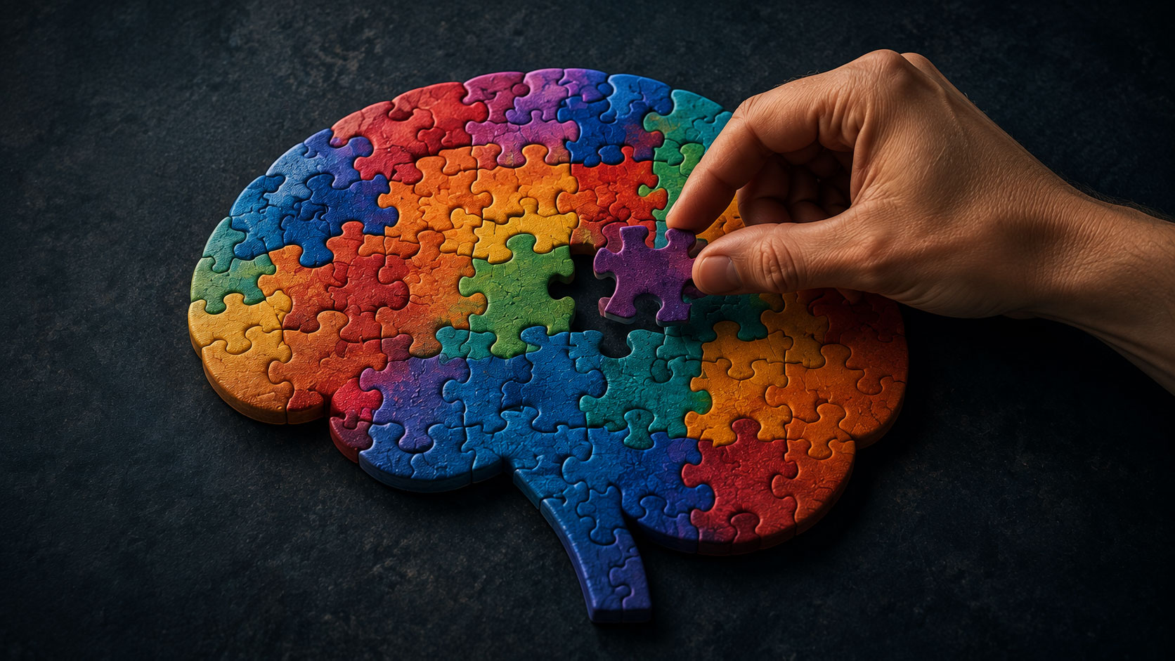 Cerebro formado por piezas de puzle mientras una mano coloca la última pieza